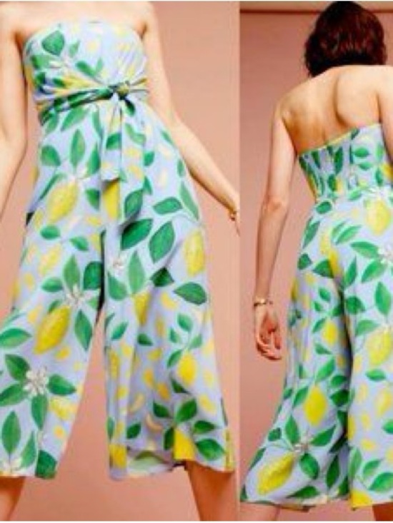 Maeve Pants - Maeve blue Strapless Jumpsuit with Yellow Lemon Print